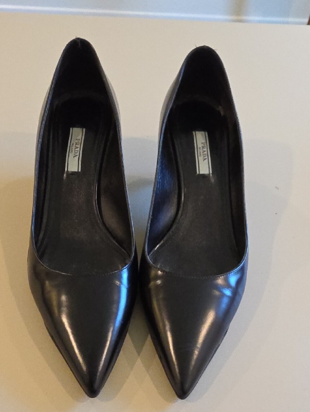Prada Black Leather Pointed-Toe Pumps with Silver 3" Heel